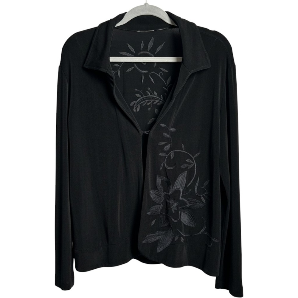 Black Floral Sun Embroidered Long Sleeve Hook Eye Cardigan XL Slinky Whimsigoth